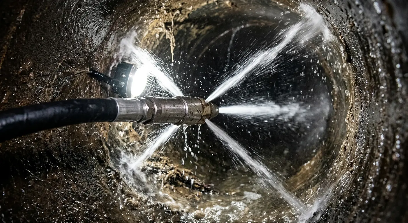 High-pressure hydro jetting nozzle cleaning sewer pipe for Sewer Cleanout in Bellevue